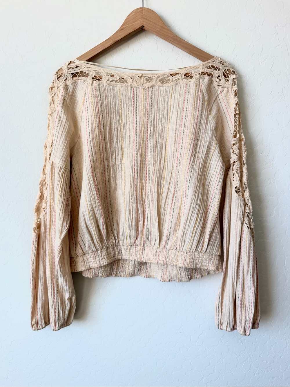 Free People Cream Crochet-Trim Striped Top - Picture 2 of 6